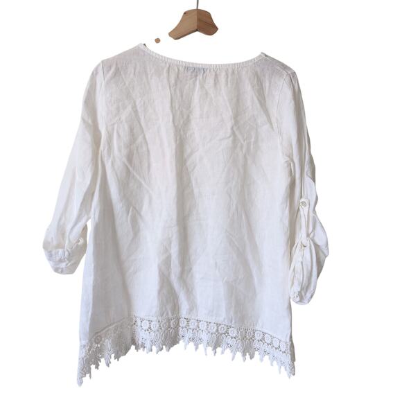 Terzo Millenio 100% Linen Top Women's Medium White Lace Beachy Made in Italy EUC - Picture 2 of 7